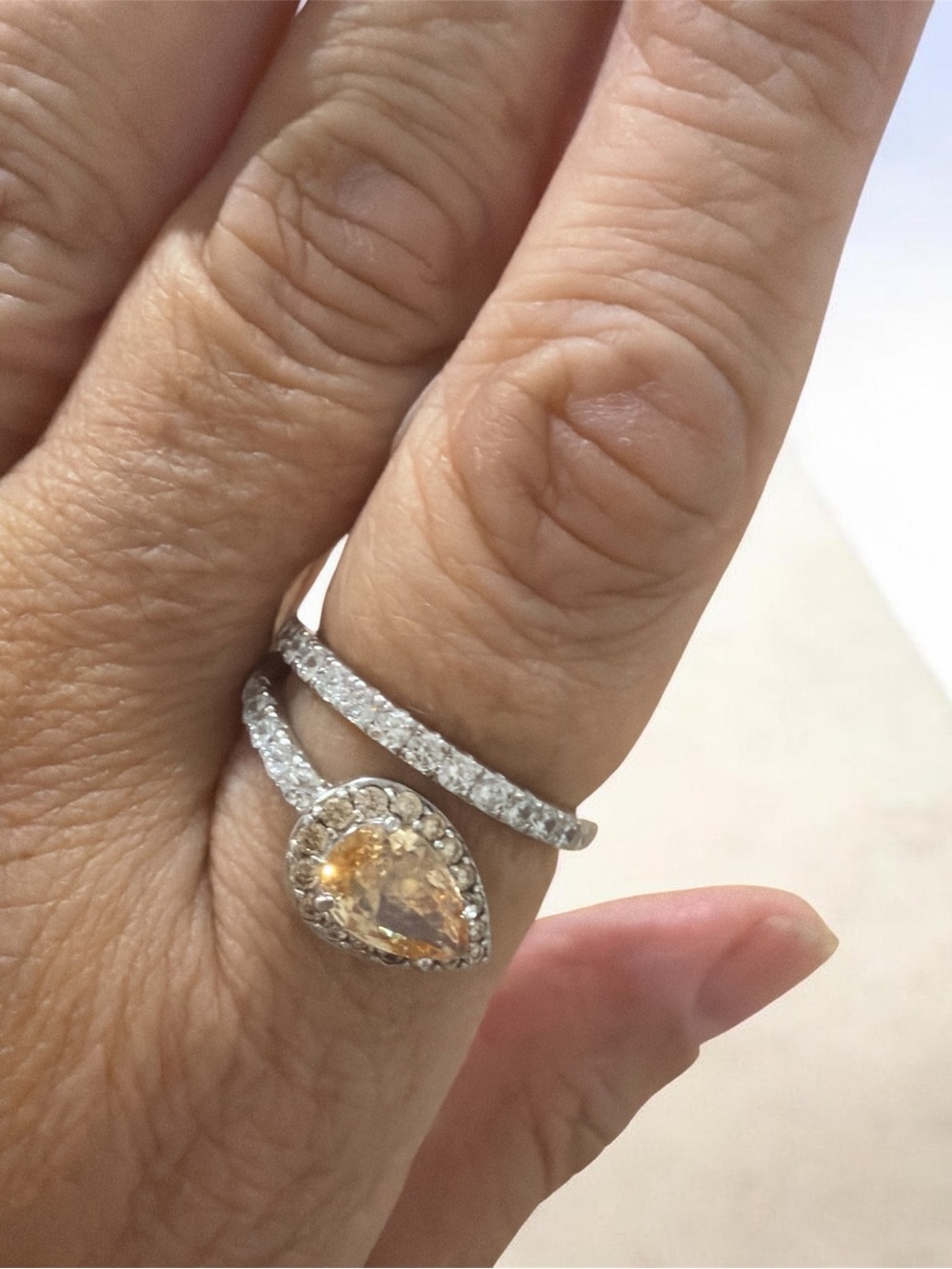 Sterling Pear-Cut Champagne Halo Ring with Pavé Band - Women Jewelry